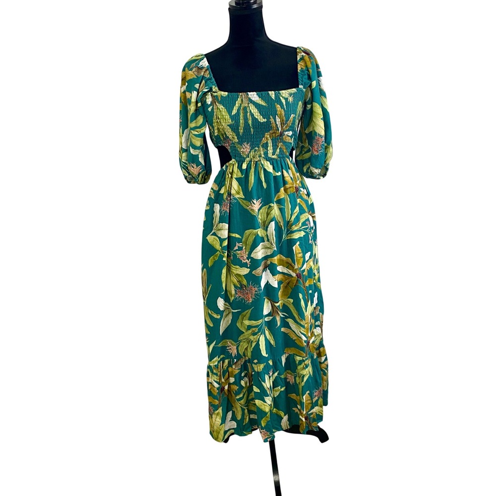 o.p.t. Tropical‎ Print Smocked Cutout Midi Dress Size XS Green Linen Blend